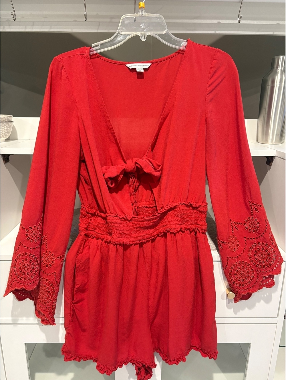 American Eagle Flowy Tie Front Red Romper Medium